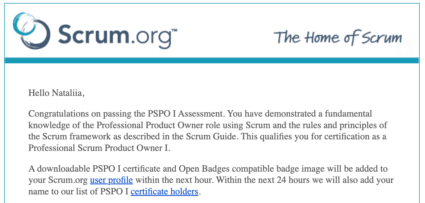 Email about obtaining the Professional Certified Scrum Product Owner Certification certificate